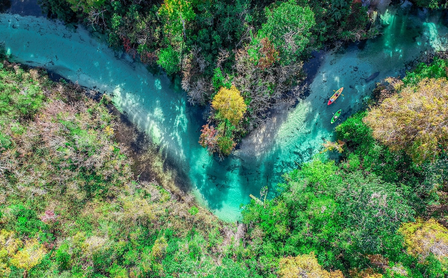 Une rivière bordée d’une végétation luxuriante, et on peut apercevoir des kayaks sur l’eau.