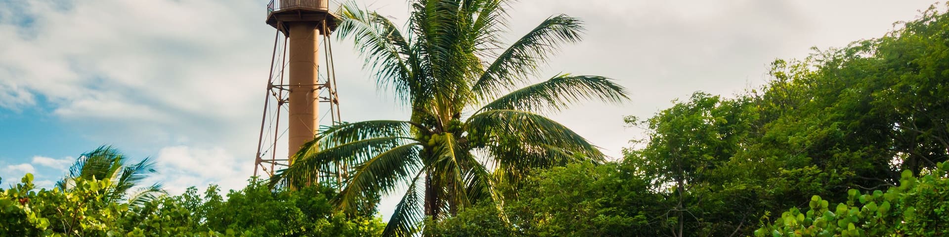 Historic lighthouse on shell beach with driftwood and palms in Sanibel island Florida