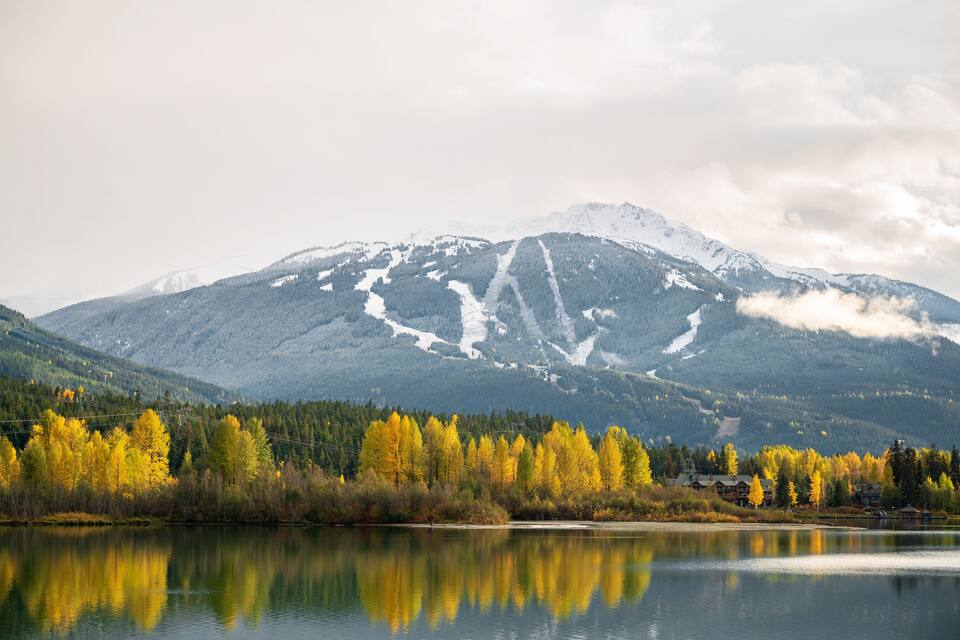 A mountain range with snow-capped peaks, a lake reflecting the trees, and a forest with autumn-colored foliage.