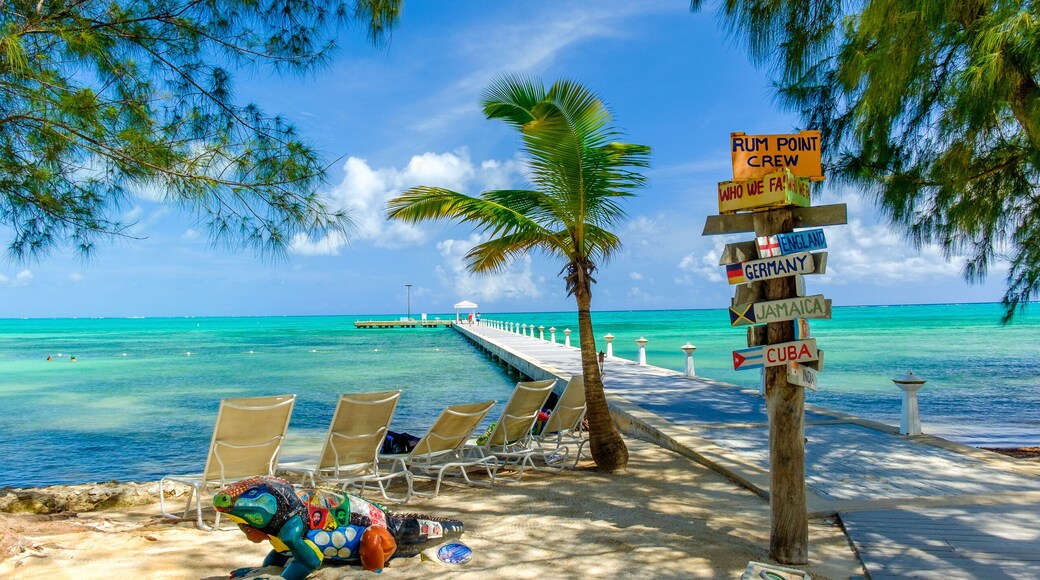 Grand Cayman, Cayman Islands, Rum Point Beach with view on the Caribbean Sea and a jetty
