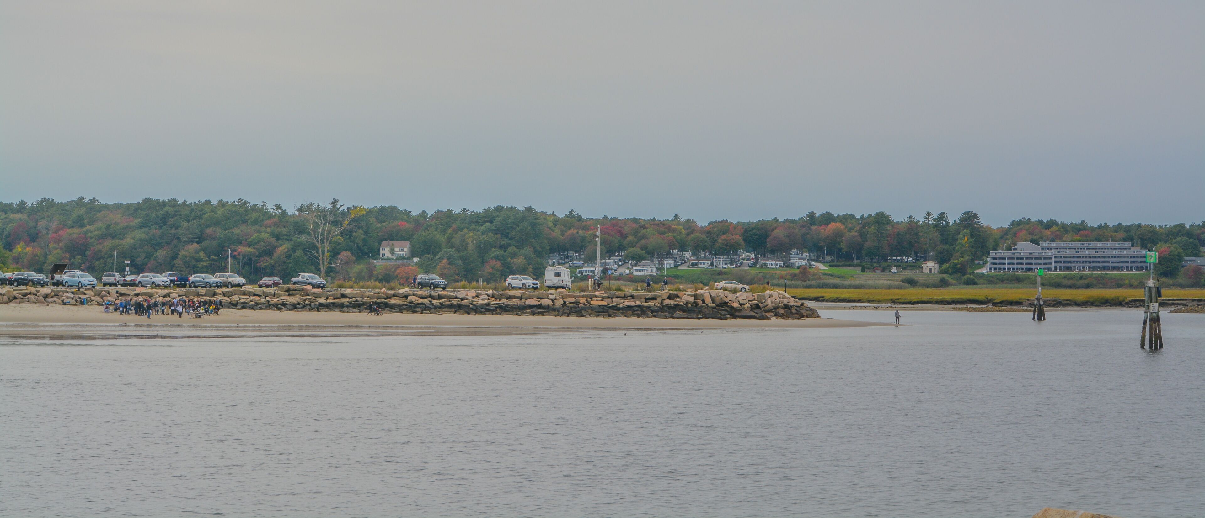 A beach with a rocky breakwater, a forested hill in the background, and a body of water.