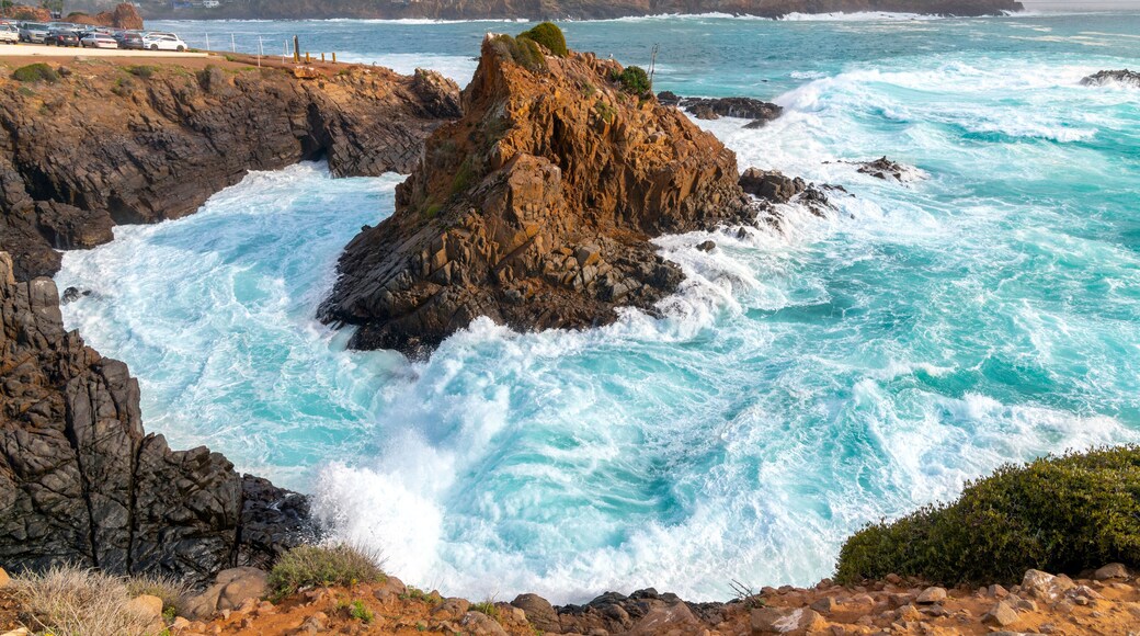 The rocky, scenic coastline along the Pacific Ocean at the cape of Punta Banda, southwest of the city of Ensenada, Mexico.