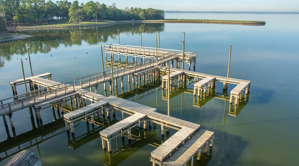 View of the boardwalk pier on Lake Livingston reservoir located in the East Texas Piney Woods in Polk County, Texas, United States