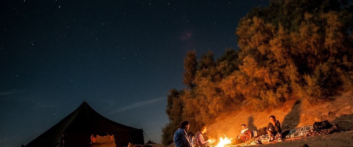 A group of people camping under a tree with a tent in the background.
