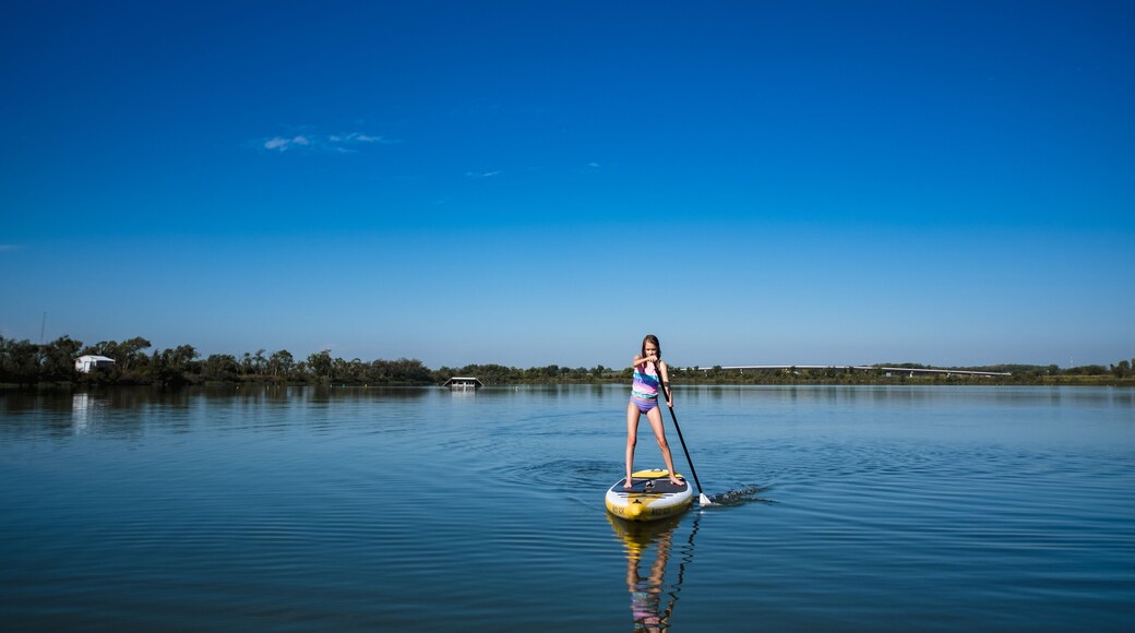 A person paddleboarding on a calm lake with a clear blue sky.