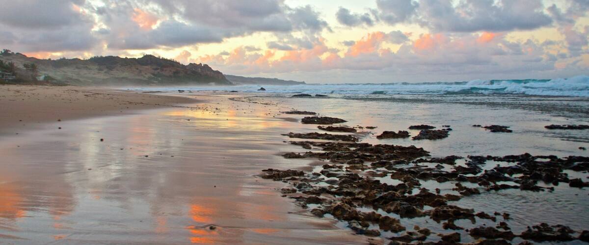 A beach with wet sand and scattered rocks, a cloudy sky, and distant hills.