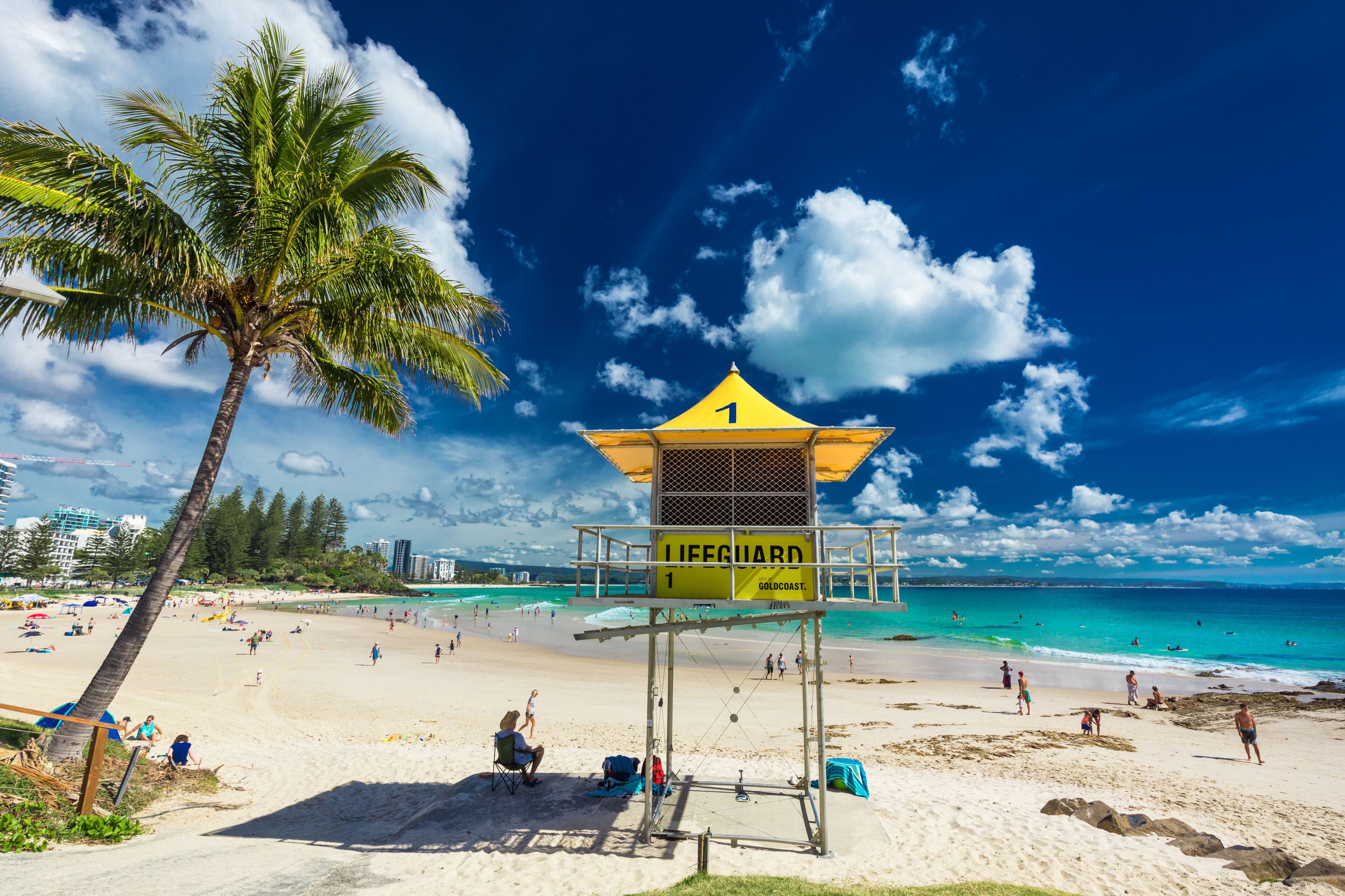 COOLANGATTA, AUS - MAY 01 2017, Snappers rock and Rainbow Bay beach with lifeguard tower, Gold Coast, Australia
