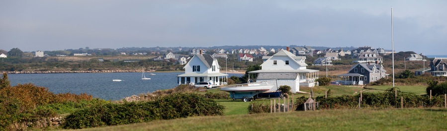 Houses on an island, Great Salt Pond, Block Island, Washington County, Rhode Island, USA