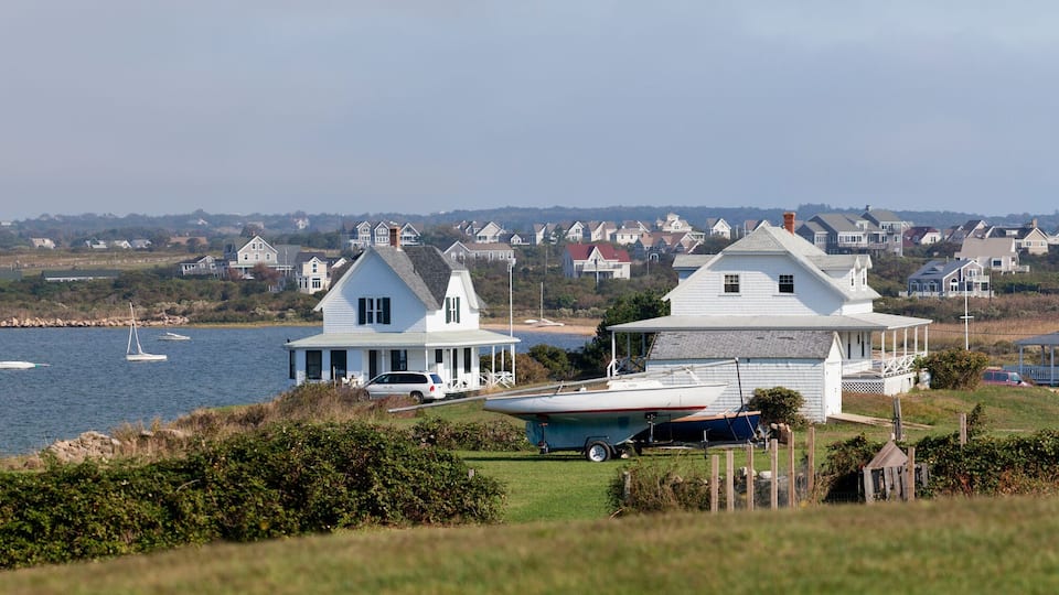 Houses on an island, Great Salt Pond, Block Island, Washington County, Rhode Island, USA