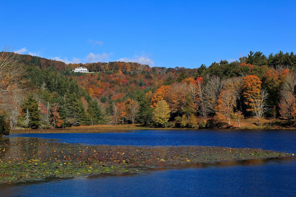 A lake surrounded by autumn-colored trees and a white house on a hill.