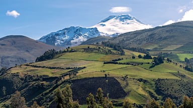 Montanha coberta de neve, colinas verdes ondulantes e um céu azul claro.
