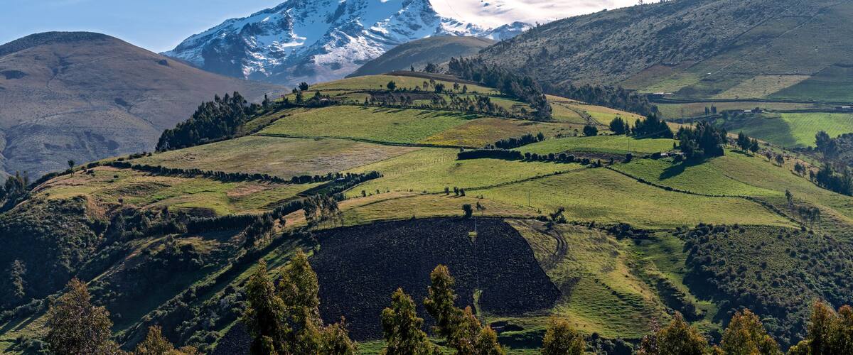 A snow-capped mountain, green rolling hills, and a clear blue sky.