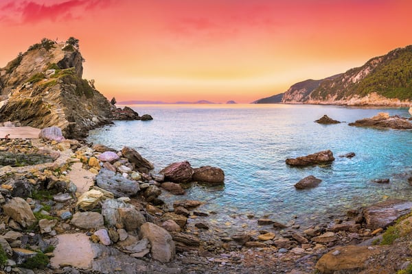 Aerial view of the famous small church Agios Ioannis. Its located in the region of Kastri, about 7km east of Glossa, Skopelos Sporades, Greece.