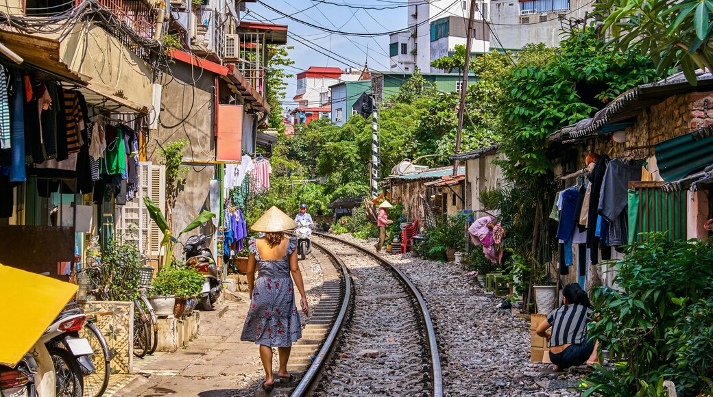 Hanoi city railway Perspective view running along narrow street with houses in Vietnam