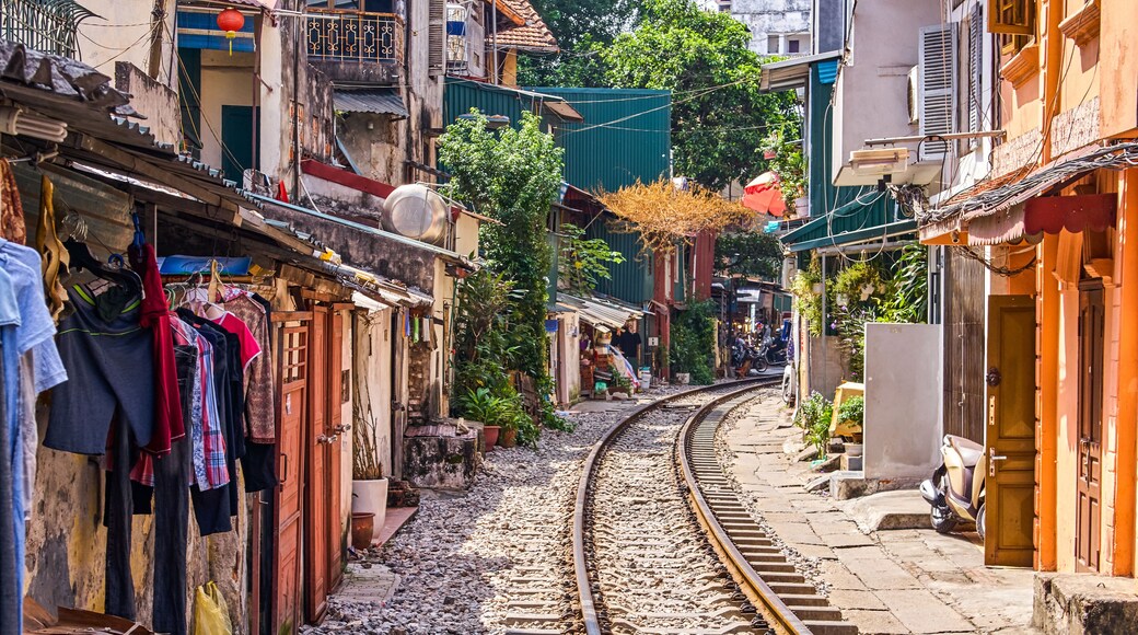 Hanoi city railway Perspective view running along narrow street with houses in Vietnam