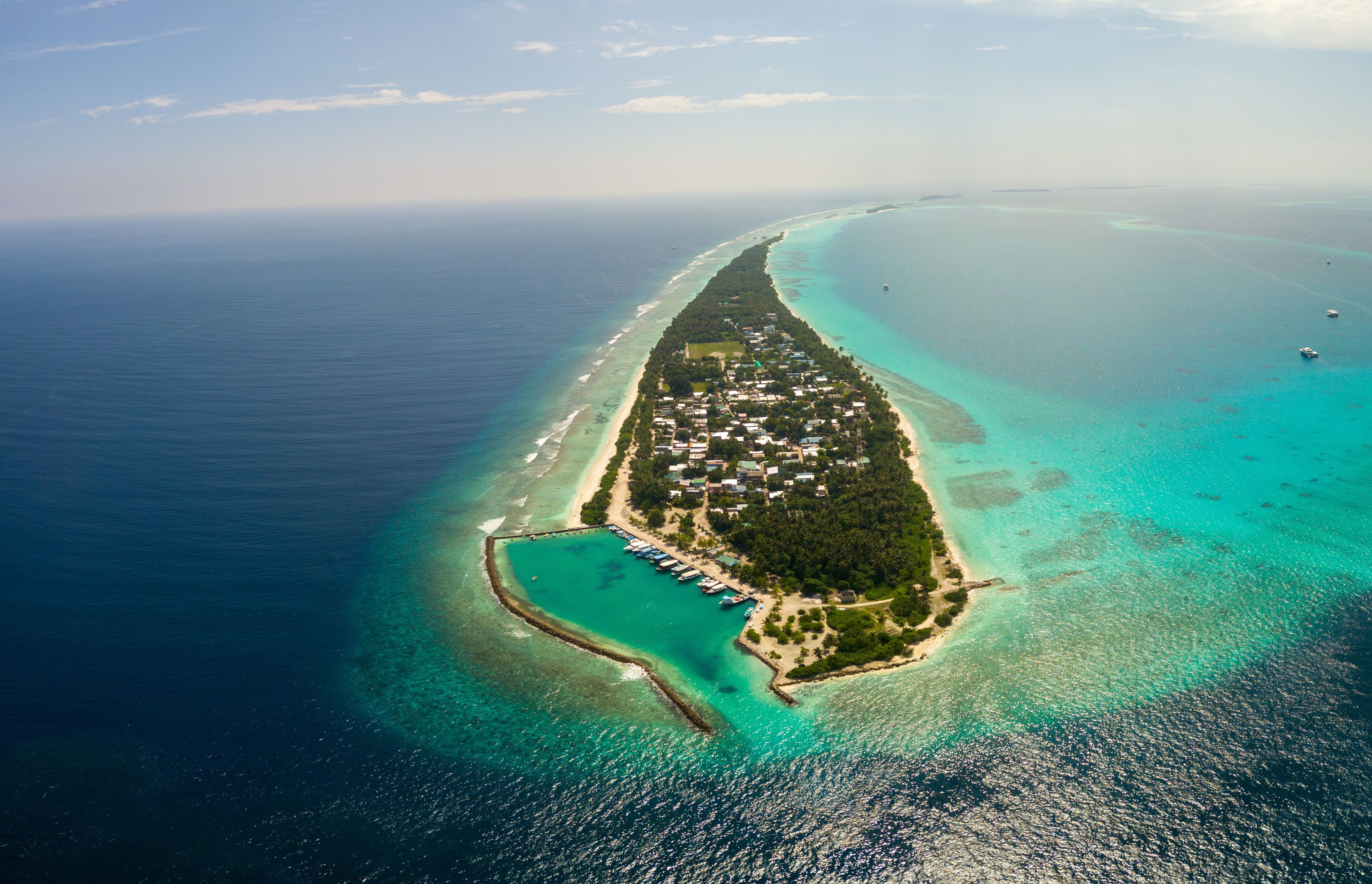 An aerial view of a coastal island with clear turquoise waters, a dense forested area, and a long stretch of beach.