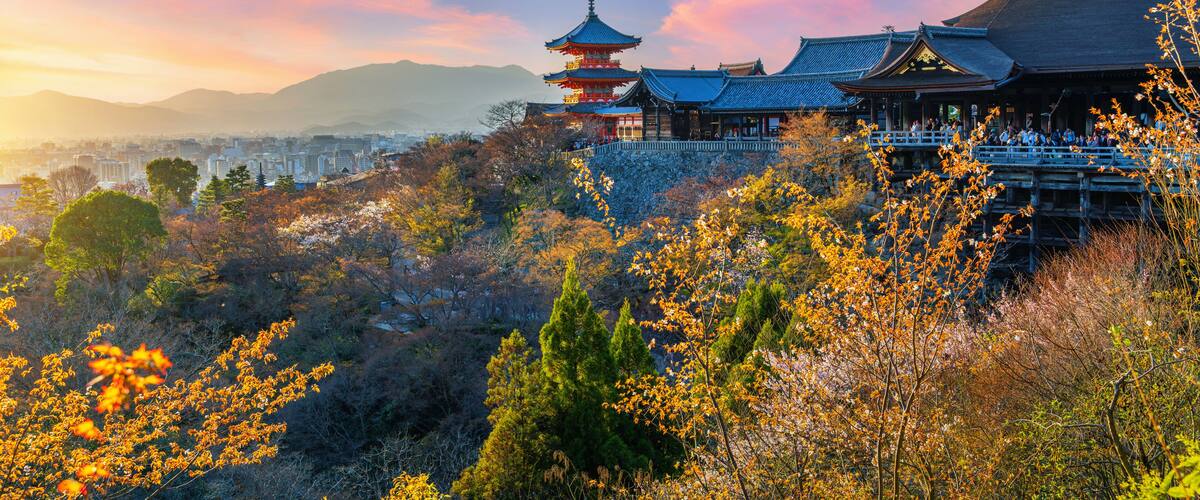 Kiyomizu temple at sunset in Kyoto, Japan.