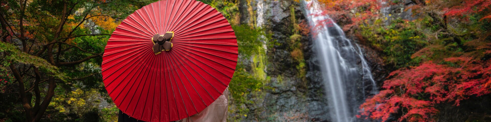 Pre wedding photo for Japanese couple and red umbrella on the red bridge in minoh waterfallrfall park with autumn red and yellow background