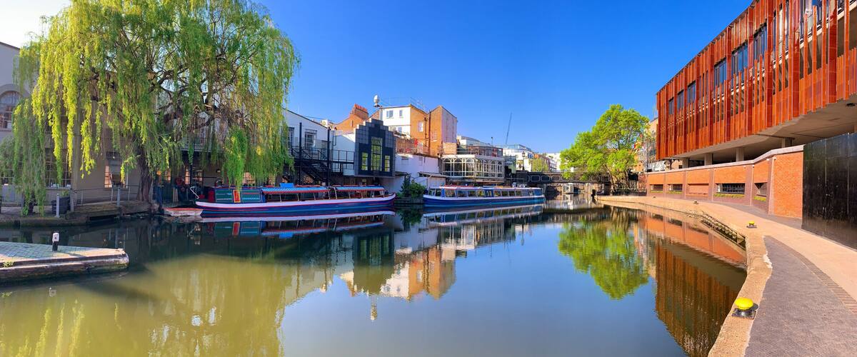 Panoramic view of the vintage and famous architecture and boats among the canal in Camden town region of London