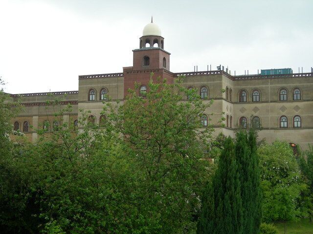 West London Mosque. Viewed from the rear, as seen from the Grand Union Canal at Northolt.