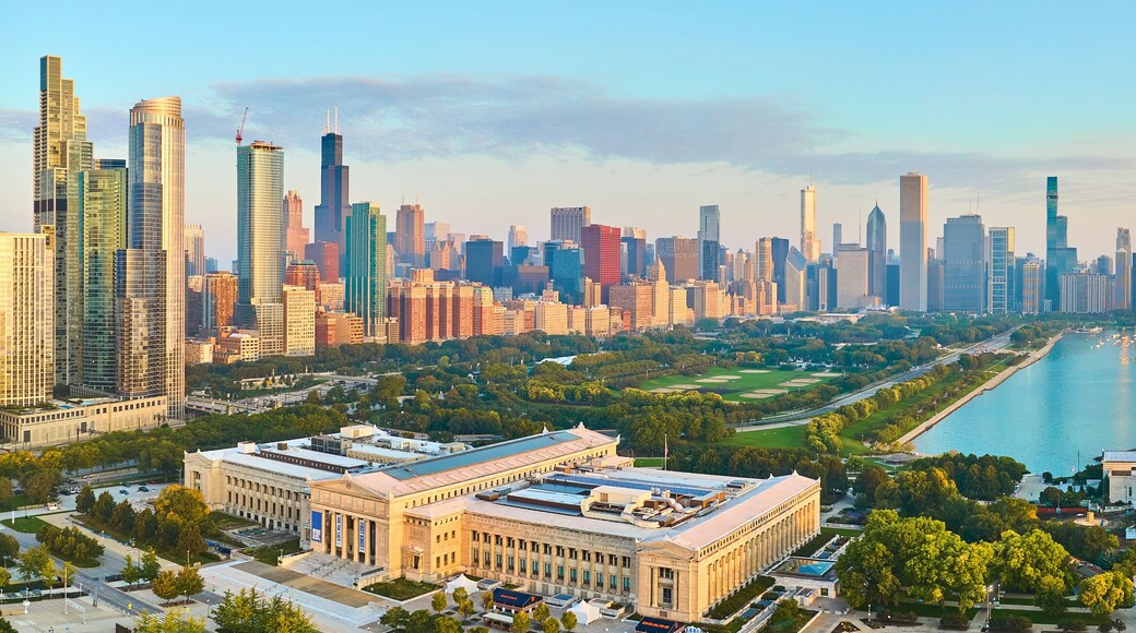 Aerial Chicago Skyline at Golden Hour with Lake Michigan Panorama