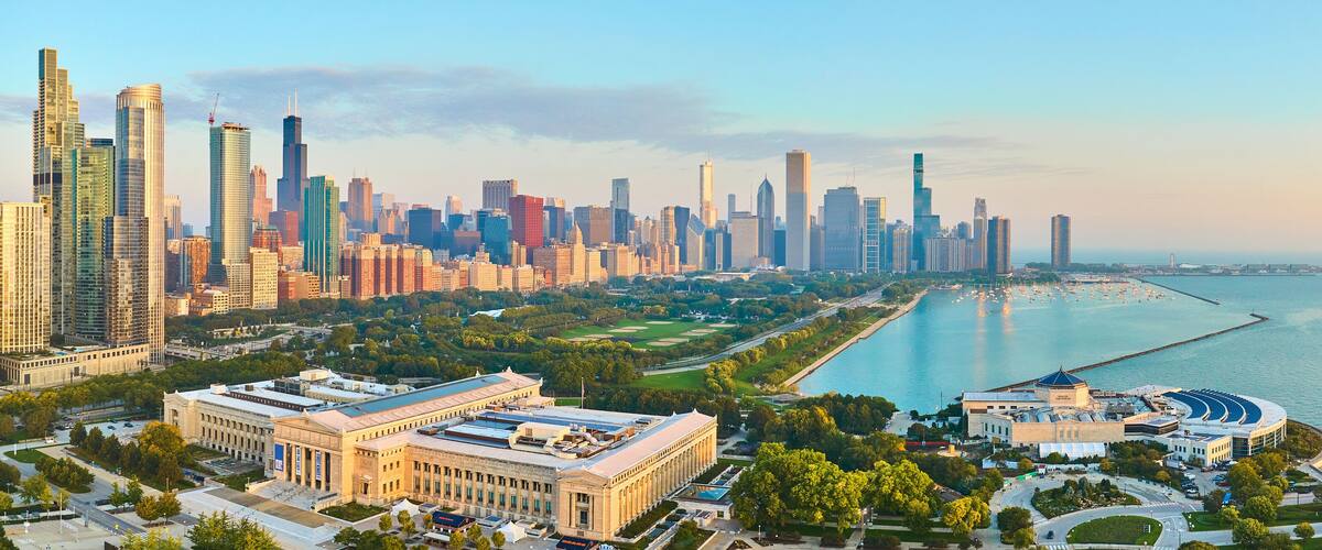 Aerial Chicago Skyline at Golden Hour with Lake Michigan Panorama