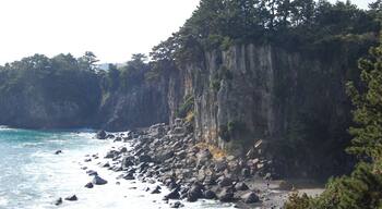 Near the Jeongbang Waterfall 정방폭포. The waterfall is 23 meters high and is very close to the ocean.