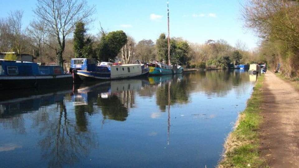 The Grand Union Canal at Cowley Peachey Looking north from in front of the bridge in Packet Boat Lane.