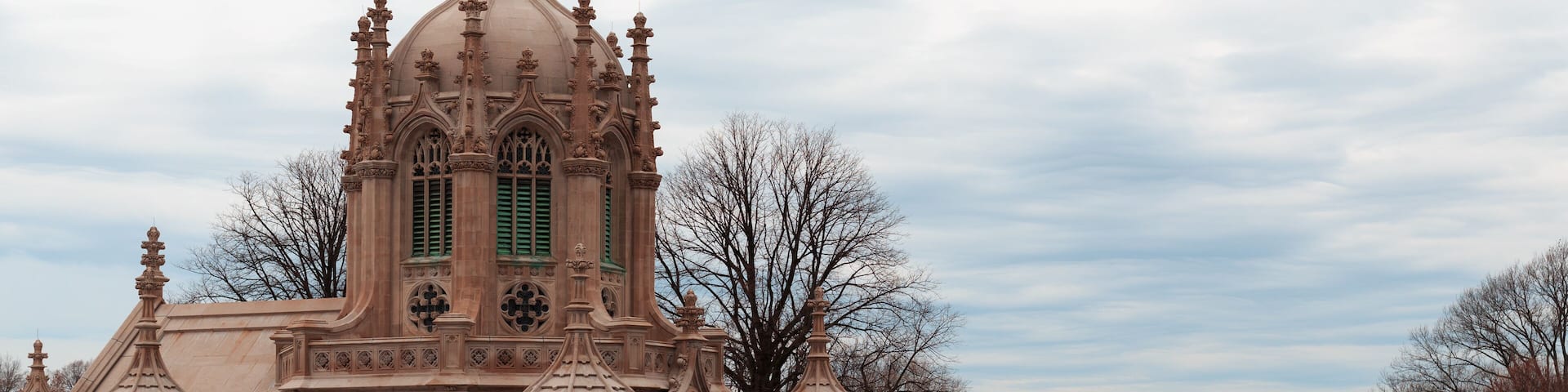 Greenwood Cemetery a historic cemetery and architecture in Brooklyn NY on a cold winter day