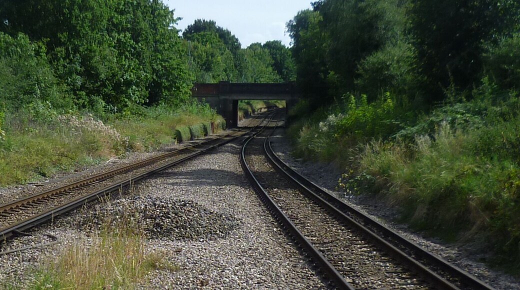 View south down the line from Morden South railway station towards Central Road road bridge, the proposed location of Morden (Village) tube station that was planned by the Wimbledon and Sutton Railway in 1910. Morden South station replaced this when the line was built in the late 1920s.