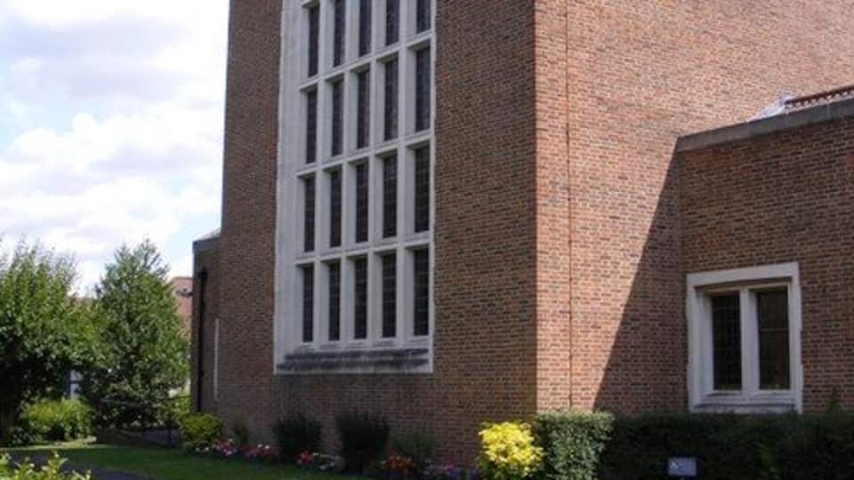 West end of St Mary's parish church, Kingswood Road, Shortlands, Bromley, southeast London, seen from the southwest