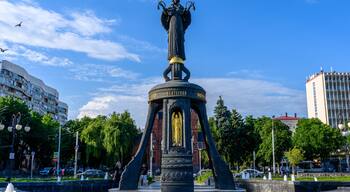 Krasnodar, Russia - July 2, 2023: Monument to the Holy Great Martyr Saint Catherine and fountain at the Krasnaya Street in the centre of Krasnodar city in Russia