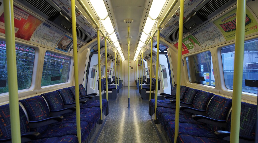The interior of a London Underground 1995 stock Northern Line train at Finchley Central tube station.