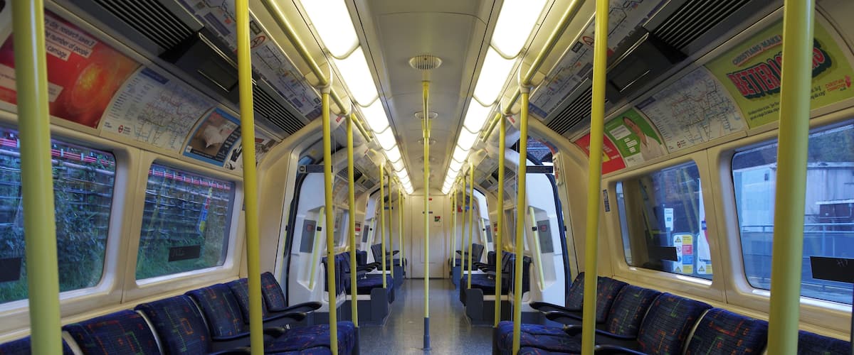 The interior of a London Underground 1995 stock Northern Line train at Finchley Central tube station.
