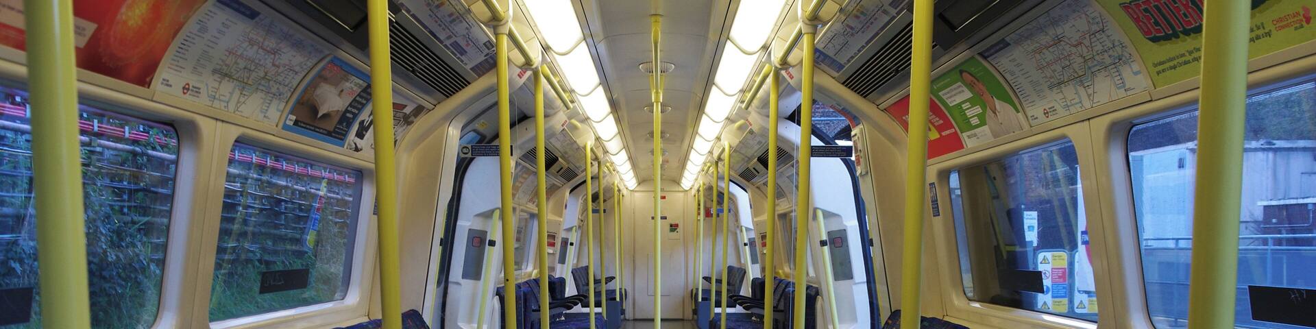 The interior of a London Underground 1995 stock Northern Line train at Finchley Central tube station.