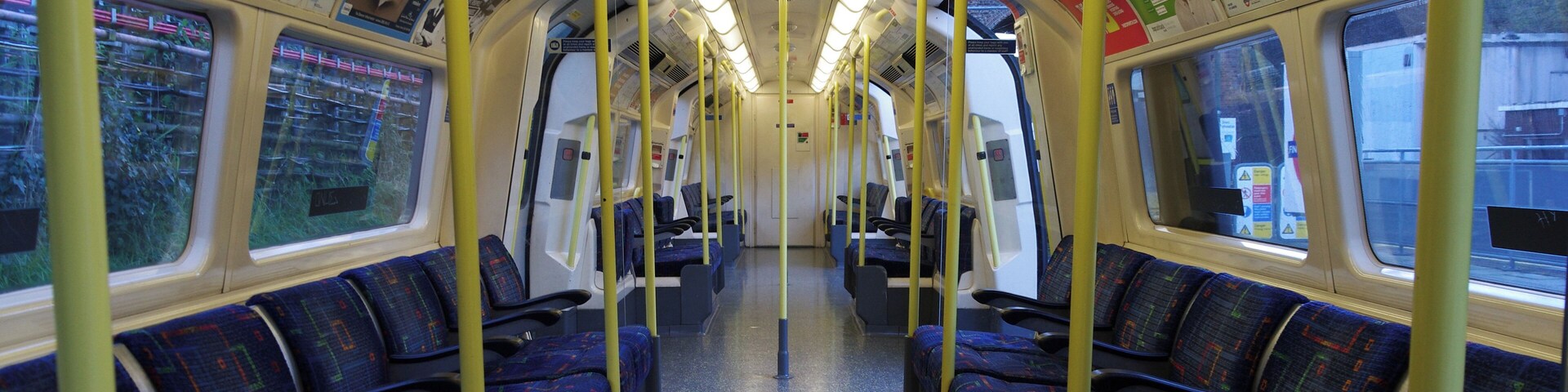 The interior of a London Underground 1995 stock Northern Line train at Finchley Central tube station.