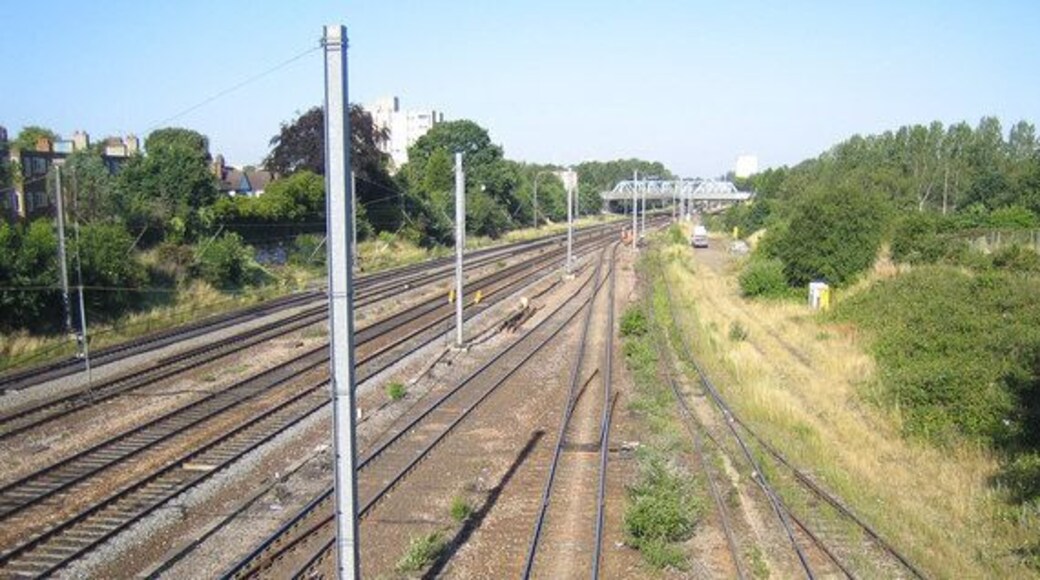 Acton: Main line railway. Viewed from the Noel Road overbridge, the weedy trackwork to the right leads back to the goods yard at Acton Main Line station.