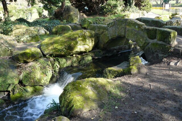 Waterfall in Beddington Park Most of the water leaves the lake, in Beddington Park, via a weir. Some water takes this route, forming an ornamental waterfall.
