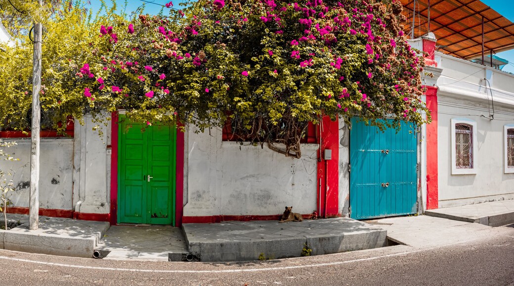 Panoramic view - A generic French-style buildings street in a union territory at French colony, Pondicherry also as Puducherry, Tamilnadu, South India.