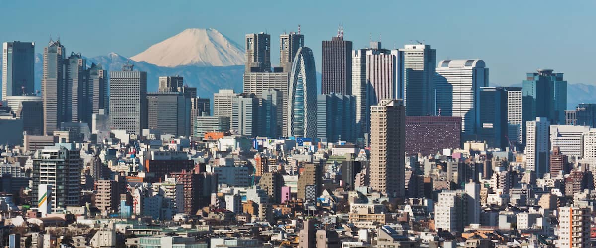 View of Shinjuku skyscrapers and Mount Fuji as seen from the Bunkyo Civic Center, Bunkyo Ward, Tokyo