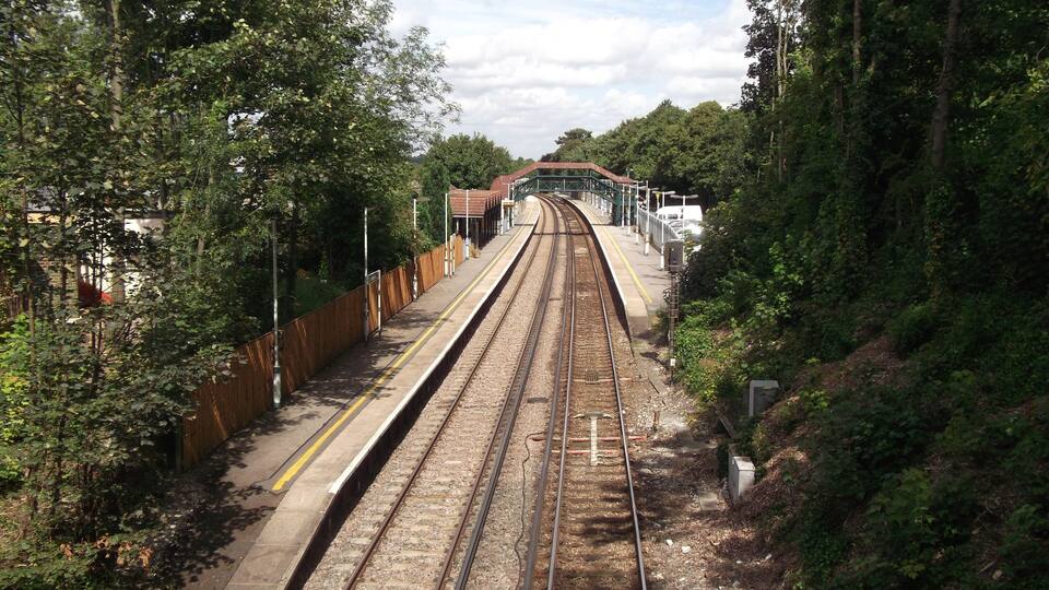 Sanderstead station looking north from the bridge carrying Sanderstead Road over the Oxted Line.