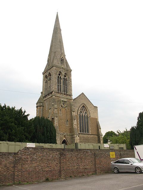 Spire of St Mark's church, Surbiton. The western end of the church shown in 1077824. St Mark's was originally built in 1845, but suffered bomb damage in 1940, was rebuilt and re-consecrated on 30 September 1960. http://www.southwark.anglican.org/parishes/270bm2