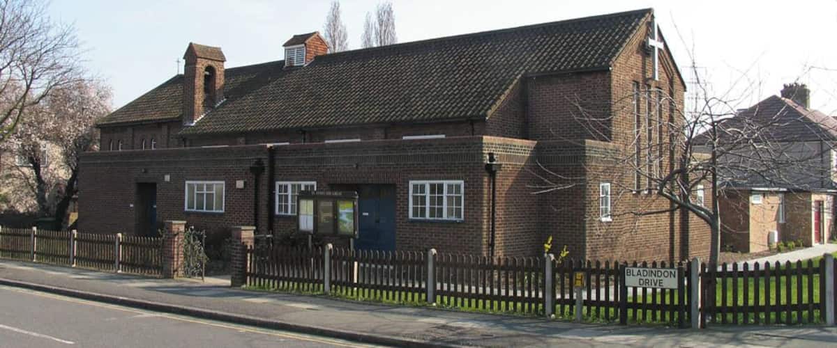 Parish church of St James the Great, Penhill Road, Blendon, southeast London (formerly Kent), seen from the northwest from Bladindon Drive