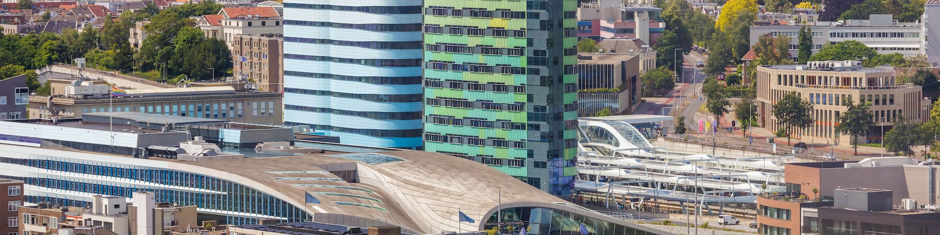 View at the central train station area with offices in the city center of Arnhem, The Netherlands