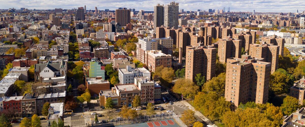 Bright Sunny Day over Housing Authority Buildings in Harlem New York