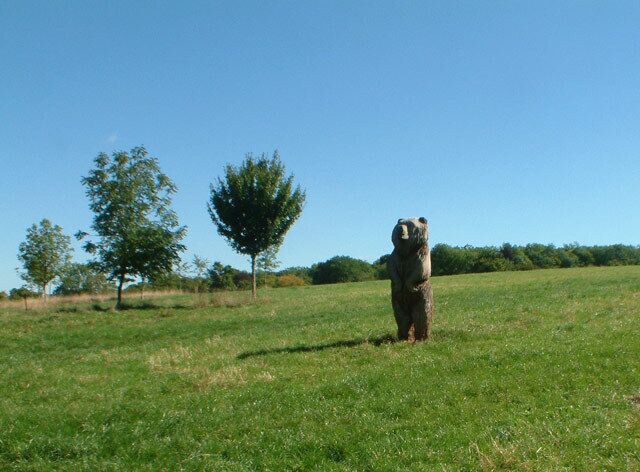 Selsdon Wood Nature Reserve, CR0. This wooden bear stands by the carpark and main entrance from Old Farleigh Road.