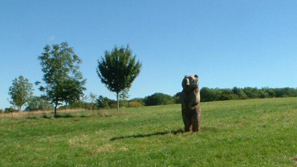 Selsdon Wood Nature Reserve, CR0. This wooden bear stands by the carpark and main entrance from Old Farleigh Road.