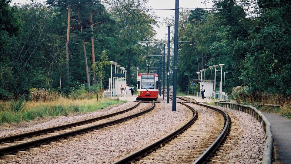 Croydon: Coombe Lane tram stop This stop at the top of Addington Hills is an ideal place to alight if you enjoy walking. Several walking routes are possible, with good transport by bus or tram back to Croydon or many other areas. This photograph is taken looking in the Croydon direction.