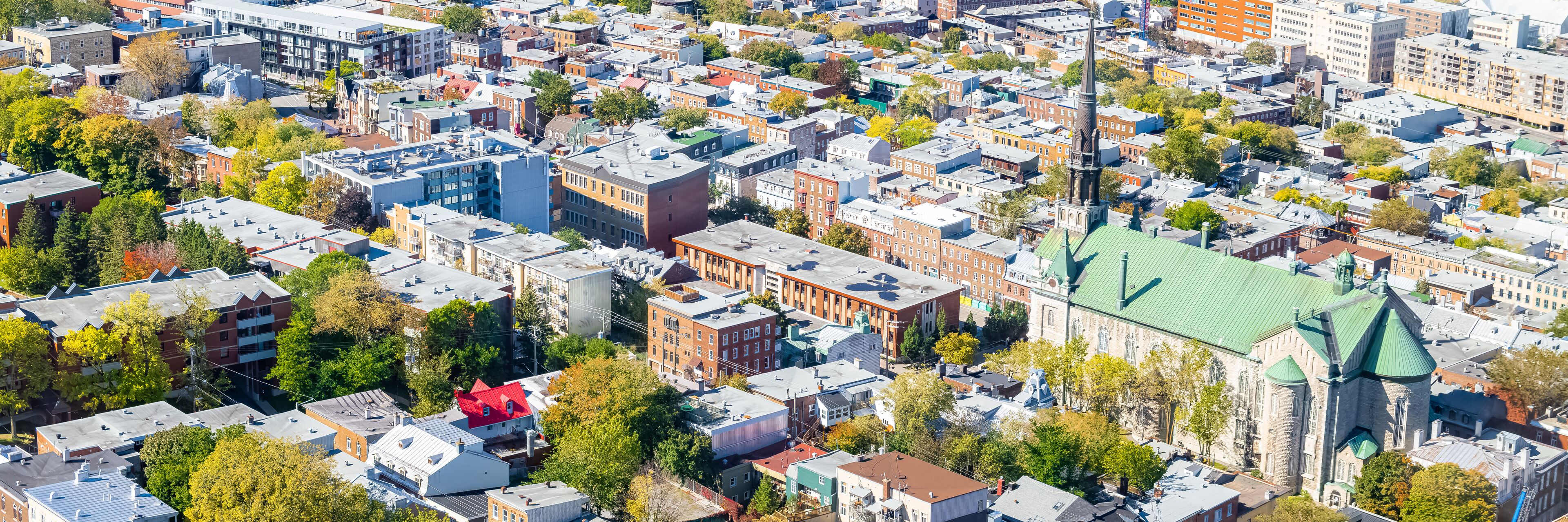 Quebec City, aerial panorama, with the Saint-Jean-Baptiste church, and typical houses
