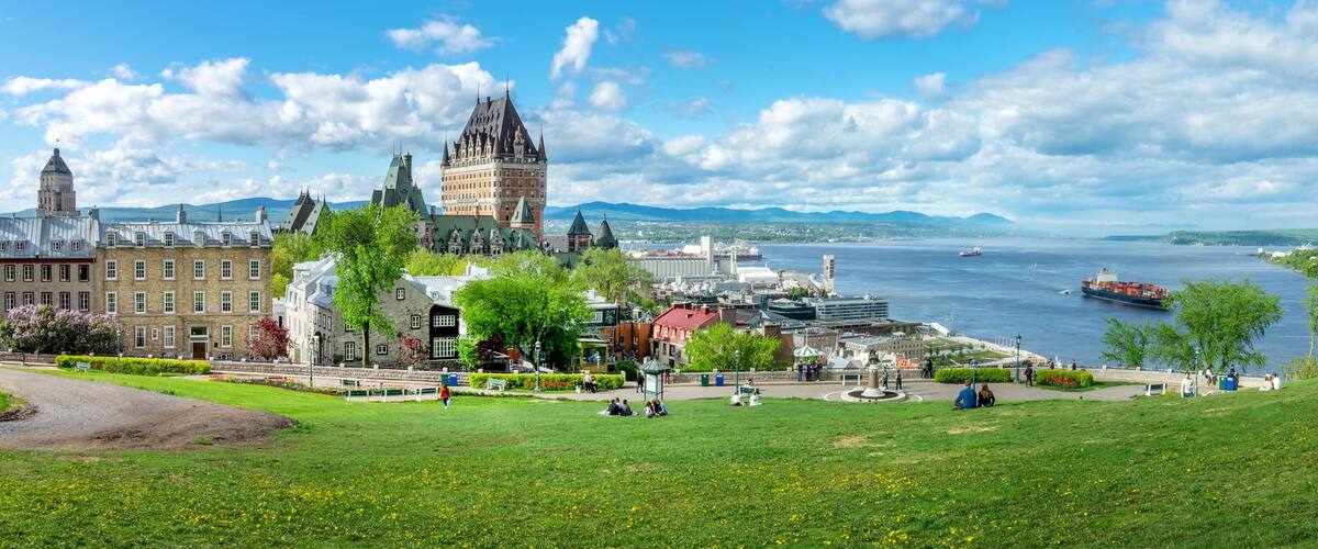 Panorama of Quebec City old town with Chateau Frontenac and St Lawrence river